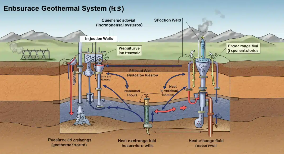 Diagram of an Enhanced Geothermal System (EGS) showing subsurface fluid circulation