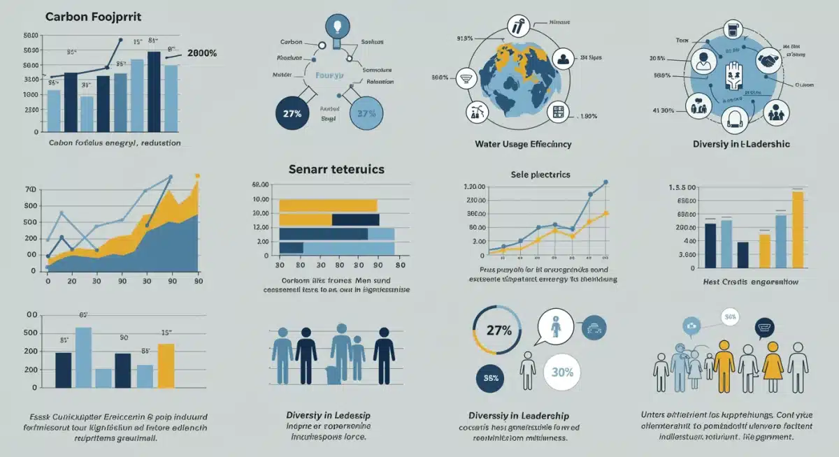 Infographic detailing ESG metrics for clean energy startups, illustrating carbon reduction, water efficiency, and diversity.