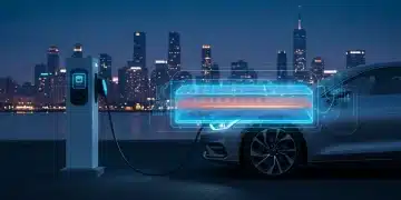 Futuristic electric vehicle charging with solid-state battery diagram overlay