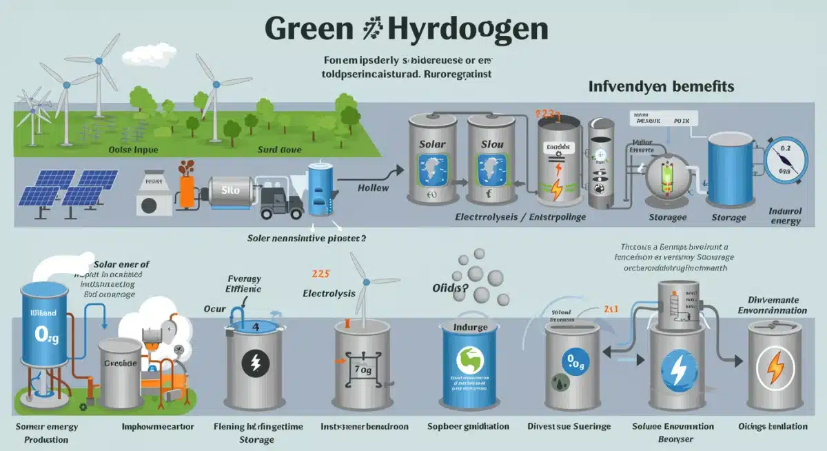 Infographic showing the green hydrogen production process and applications