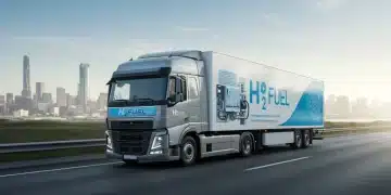 Hydrogen fuel cell commercial truck driving on a highway, symbolizing clean energy transportation.