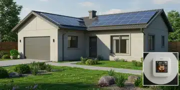 Modern home with solar panels and smart thermostat for energy efficiency