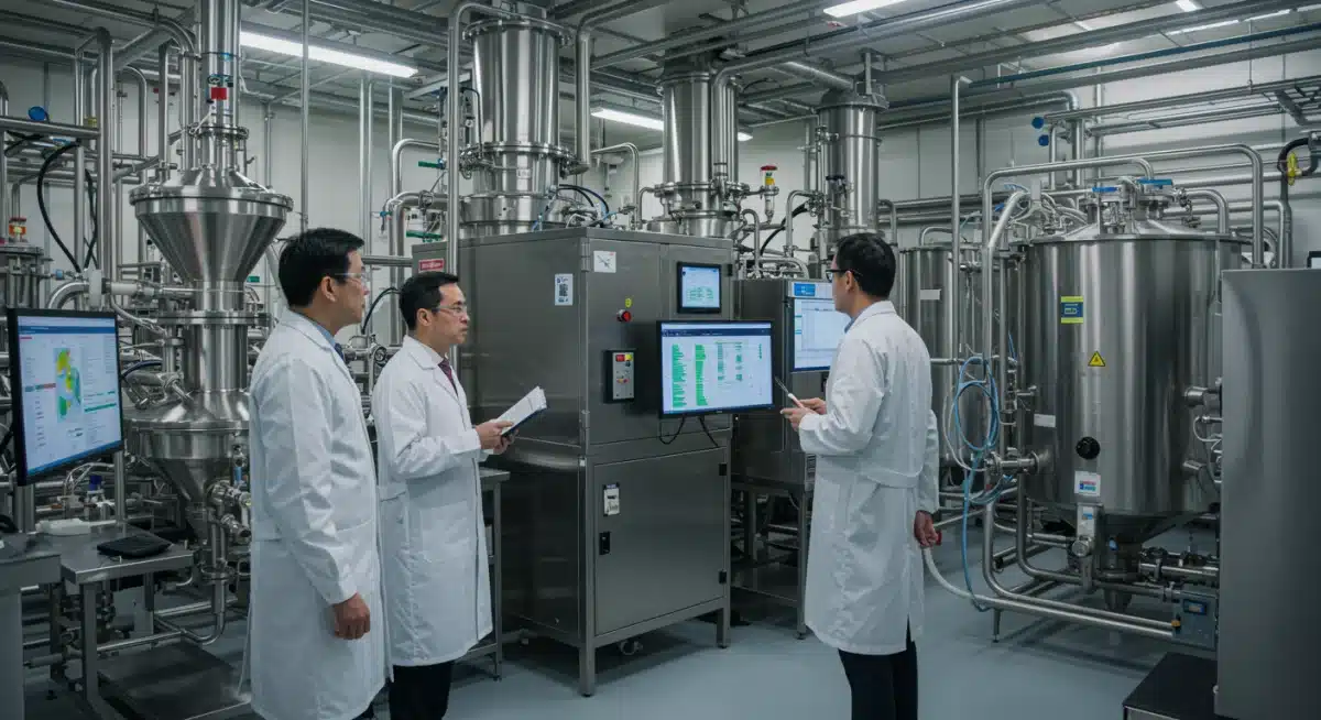 Scientists analyzing biofuel samples in a biorefinery lab