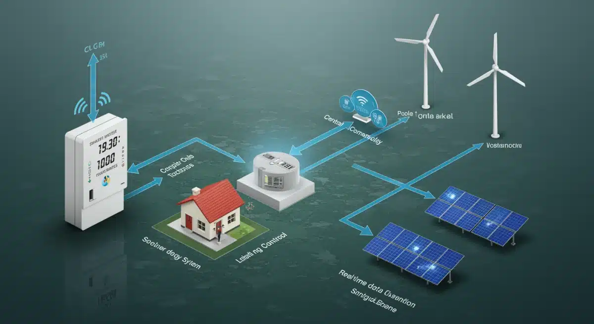 Smart meter communicating with central grid for energy management.