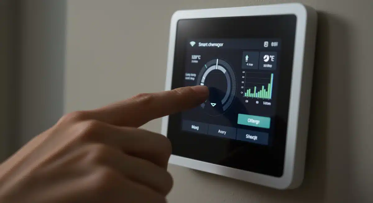 Smart thermostat displaying energy usage data and being adjusted