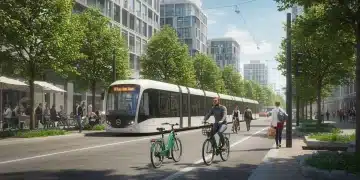 Eco-friendly urban commute in 2025 with electric bikes and public transit.