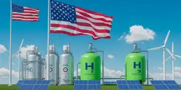Futuristic US green hydrogen production facility with renewable energy sources