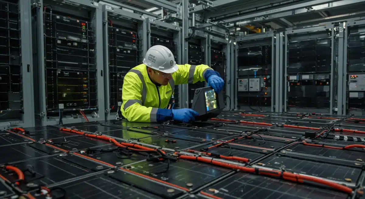 Technician inspecting advanced battery storage systems for renewable energy.