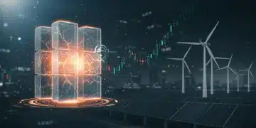 Advanced solid-state battery cells with financial charts and renewable energy infrastructure