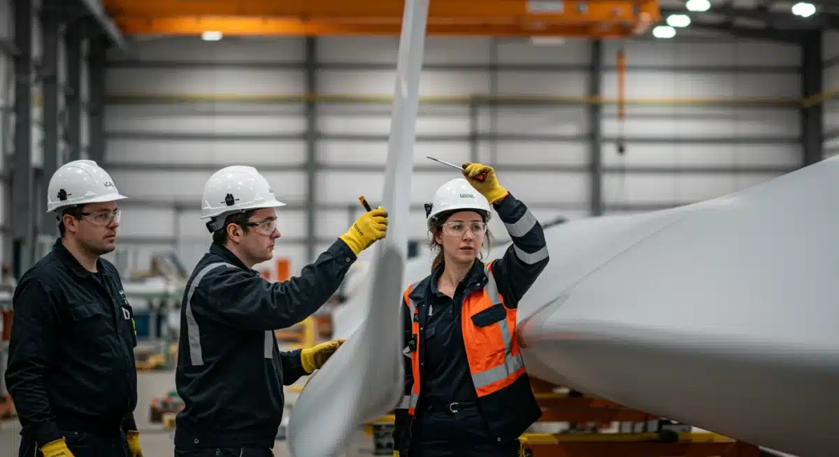 Engineers inspecting advanced offshore wind turbine blade