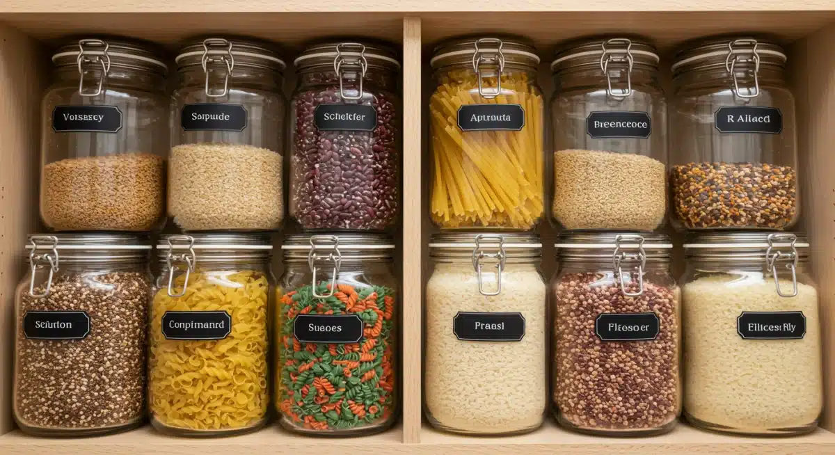 Organized pantry with bulk food in glass jars for zero waste
