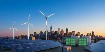 Illustration of diverse clean energy technologies in a modern US setting.