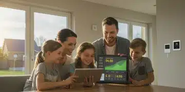 Family happily reviewing smart energy savings on a tablet in a modern home.