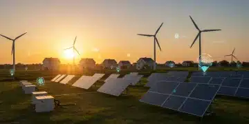 Futuristic microgrid integrating solar, wind, and battery storage for community energy resilience.