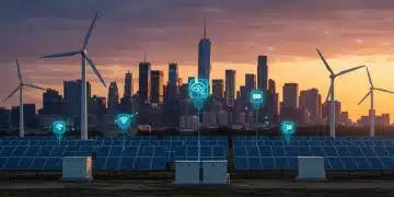 Futuristic microgrid system with solar, wind, and battery storage enhancing US energy resilience.