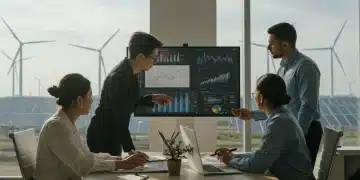 Financial experts analyzing data for renewable project financing in a collaborative office setting.