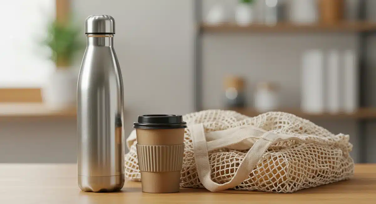 Reusable water bottle, coffee cup, and grocery bag for plastic reduction