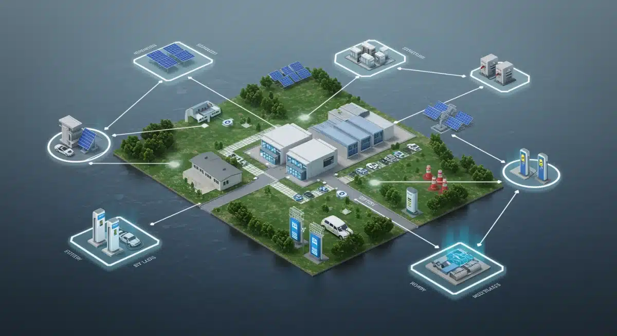 Smart microgrid network illustration with distributed energy and AI control.