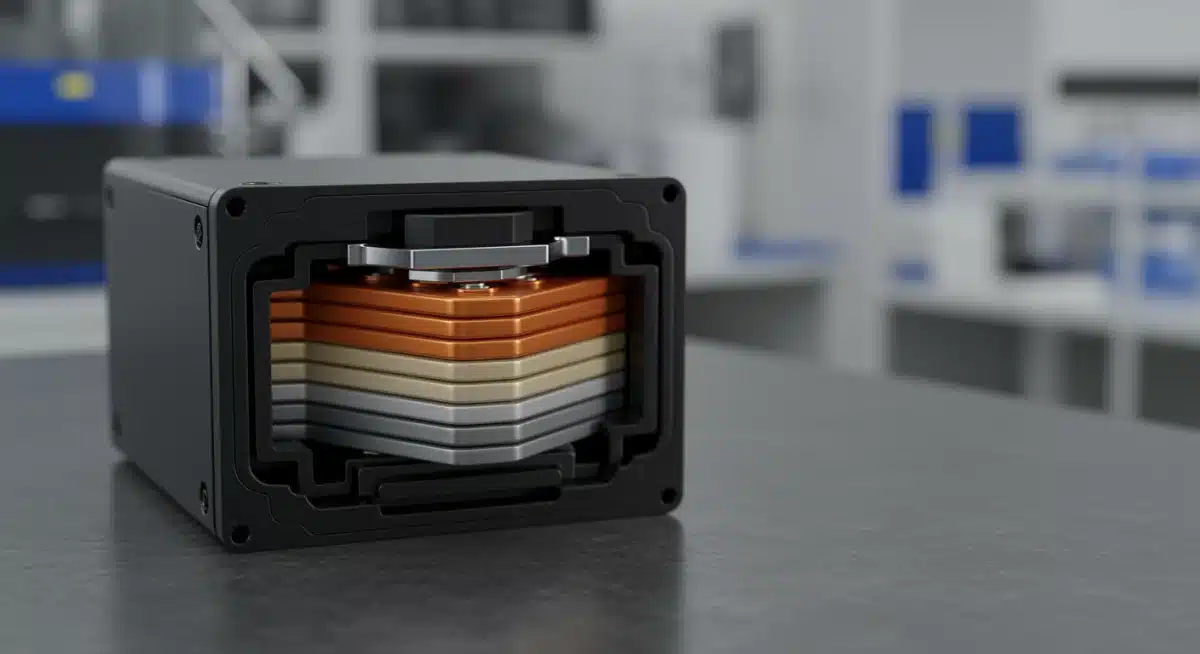 Close-up of a solid-state battery cell prototype in a lab setting