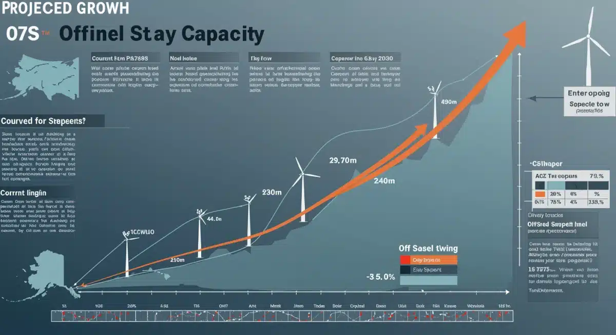 Infographic showing projected US offshore wind capacity doubling by 2030 and its energy cost impact.