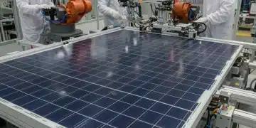 Advanced solar panels on a manufacturing assembly line in a US factory, emphasizing precision and technology.