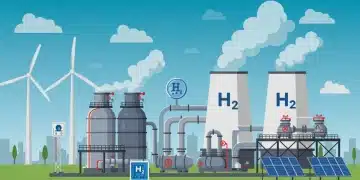 Illustration of a clean hydrogen production facility powered by renewable energy sources in the US.