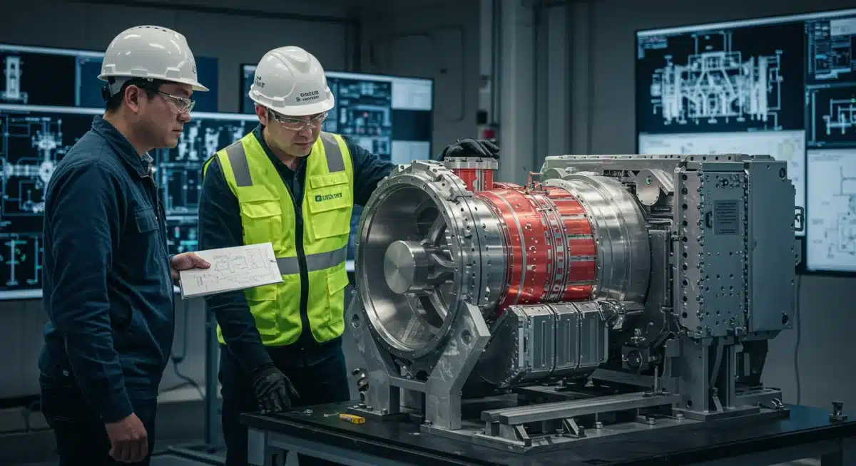 Engineers examining SMR core design blueprints