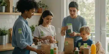 Family examining eco-labeled products in a sustainable US home