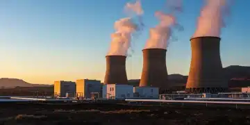 Geothermal power plant with steam rising, symbolizing clean energy production