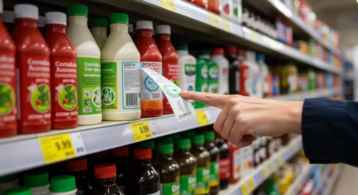 Hand pointing to a recognized eco-label in a US supermarket