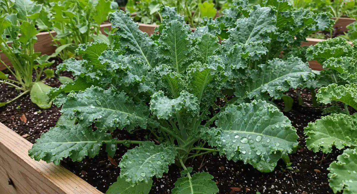 Close-up of fresh, organic kale growing in a raised garden bed.