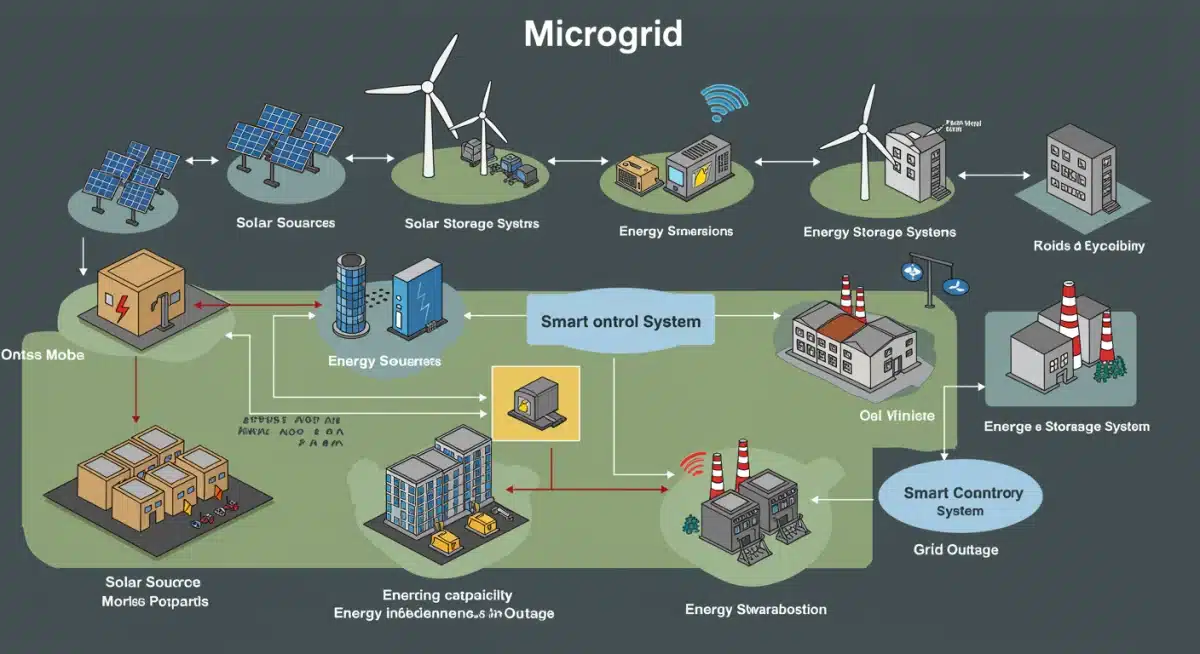 Diagram showing microgrid operation with diverse energy sources and smart control for resilience.