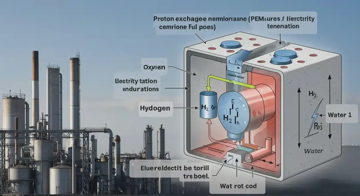 Internal diagram of a PEM fuel cell with industrial backdrop