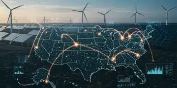 Futuristic smart grid network with AI optimizing renewable energy flow across the U.S.