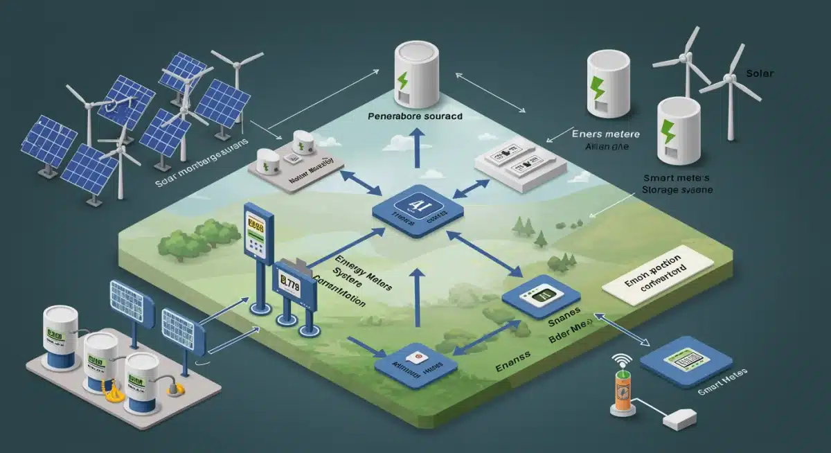 Diagram of smart grid components and AI control for renewable energy integration.
