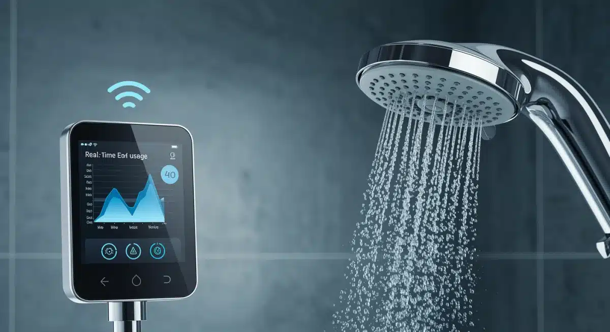 Smart shower head showing real-time water usage data