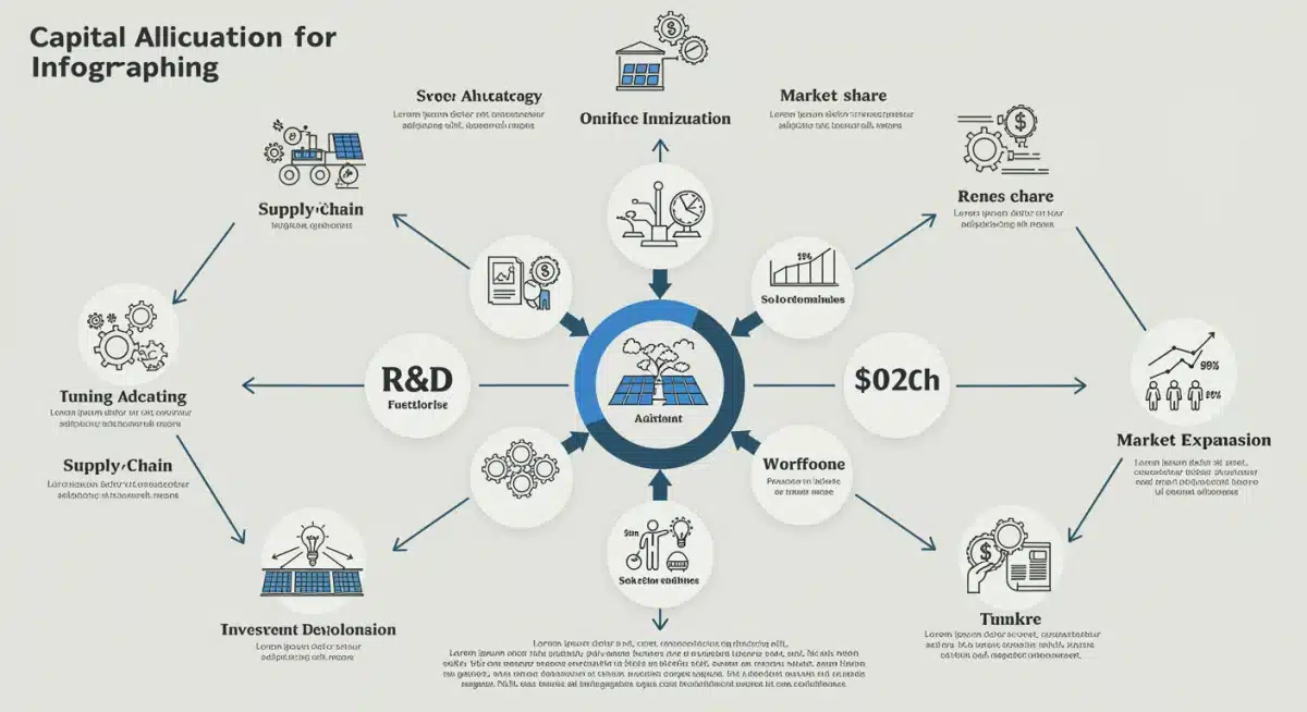 Infographic showing capital allocation strategies for solar manufacturing, including R&D and supply chain.