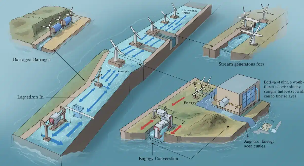 Diagram showing various tidal energy technologies and their operational principles