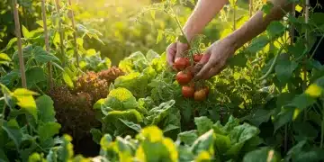 Lush home vegetable garden with various plants and hands tending to them, symbolizing sustainable growing.