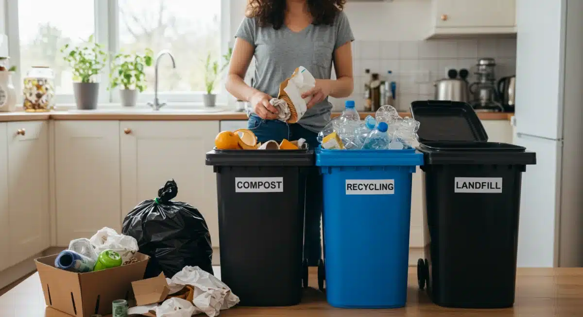 Person sorting waste into compost, recycling, and landfill bins.