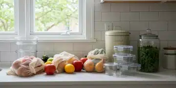 Modern American kitchen with zero-waste essentials like reusable bags and glass containers.