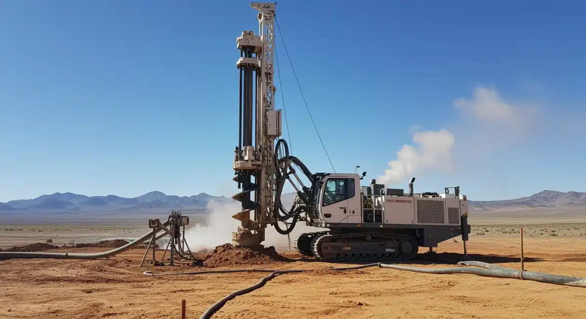 Advanced geothermal drilling rig in a remote arid landscape