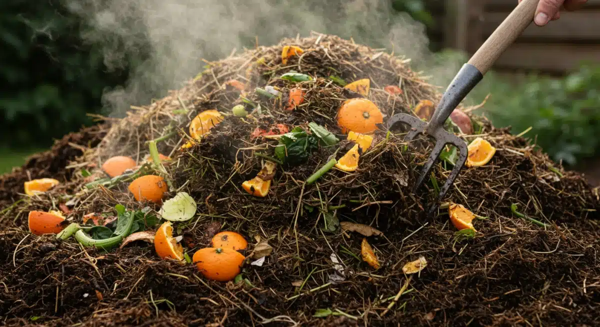 Balanced mix of green and brown materials in an active compost pile