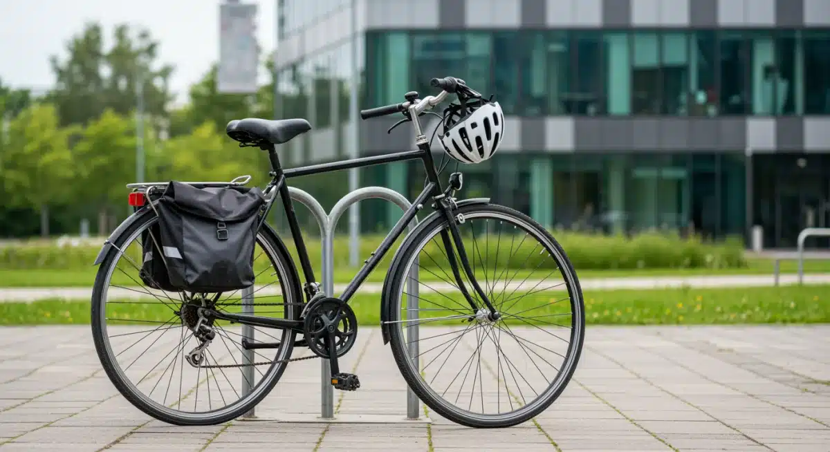 Bicycle parked outside an office building, symbolizing healthy and eco-friendly commuting.
