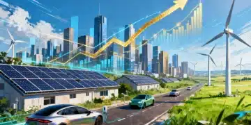 Clean tech investment landscape with diverse renewable energy sources and financial growth charts.