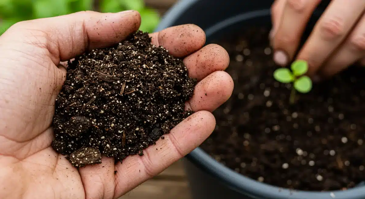 Finished, dark, crumbly compost being used to plant a seedling
