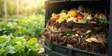 Rich garden soil with thriving plants, compost bin in foreground