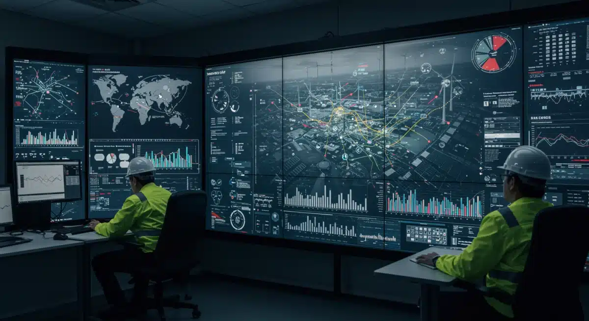 Control room engineers monitoring real-time smart grid data and renewable energy integration.