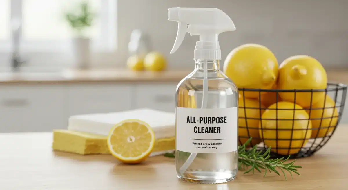 Homemade all-purpose cleaner in a glass spray bottle with lemons