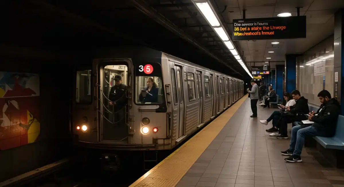 Modern subway train arriving at a station, showcasing efficient public transportation in a US city.